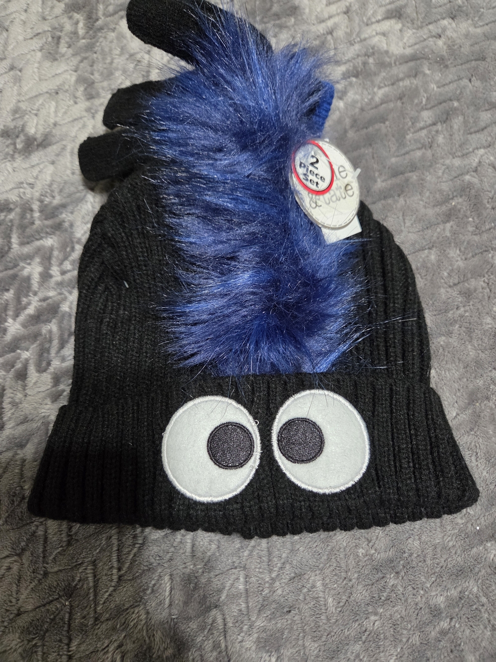 Kids Black Knit Mittens & Hat Set with Blue Faux Fur Pom and Playful Eyes